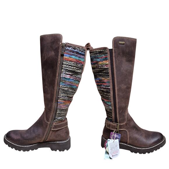 Bionica Dawkins Brown Leather Tall Boots Multi Color Buckle Detail Women's 6 NEW - Picture 1 of 6